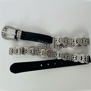 Brighton Beautiful Silver Hearts & Black Leather Belt - size XL- 36 EUC